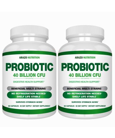 Arazo Nutrition Probiotic 40 Billion CFU - Shelf Stable with Prebiotics and Acidophilus - Stable Potency Until Expiration Time Delay Release Probiotics (Pack of 2)