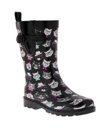 Capelli New York Ladies Mid-Calf Rubber Rain Boots 8 Black Kitty