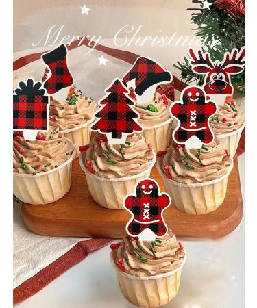 TSJ 24 PCS Christmas Cupcake Toppers Cake Decorations Xmas Cupcake Picks Christmas Party Decorations Red Black Grid - Buy Online on GoSupps.com