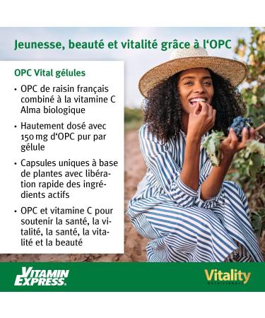 OPC Grape Seed Extract 150mg and Vitamin C. Made from Premium French Grapes. Laboratory Tested 60 Capsules. Anti-Aging Antioxidants. No Additives. Vitality Nutritionals by VitaminExpress - Buy Online on GoSupps.com