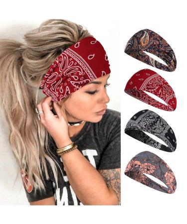 Vemalo Wide Headbands for Women Boho Bandeau Head Bands Workout Head Wraps Stretch No Slip Hair Wraps Pack of 4 (Stylish)