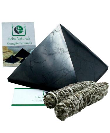 Heka Naturals Polished Shungite Pyramid Healing Crystals Gemstone | Home Decor Shungite Stone Crystal - Chakra Healing Meditation Pyramid for Negative Energy Protection (10cm + Sage)