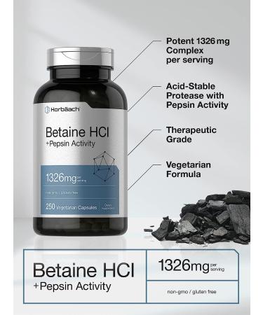 Betaine HCl with Pepsin 1326mg | 250 Capsules | Hydrochloride Supplement with Protease | Non-GMO, Gluten Free, Vegetarian | Horbaach - Buy Online on GoSupps.com