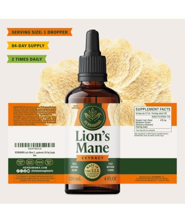 HERBAMAMA Lions Mane Tincture - Vegan Focus & Nerve Support with Lion's Mane Mushroom Extract - Hericium Erinaceus Brain Support Supplement - Non-GMO Alcohol & Sugar-Free - 84-Day Supply 4 Fl Oz (Pack of 1) - Buy Online on GoSupps.com