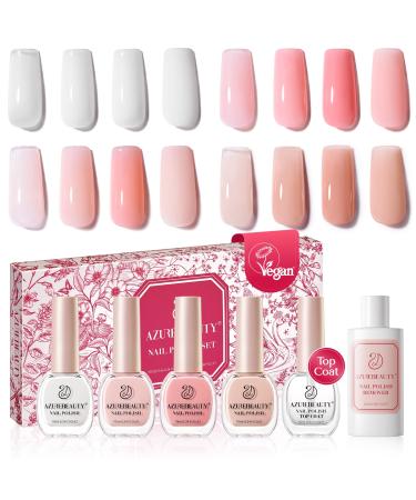 AZUREBEAUTY Vegan Nail Polish Set 4Colors Nude Pink Jelly Transparent Clear Milk White Quick Dry Natural Nail Lacquer Strengthening Treatment Kit with Top Coat & Nail Polish Remover DIY Salon at Home Apricot Nude Pink