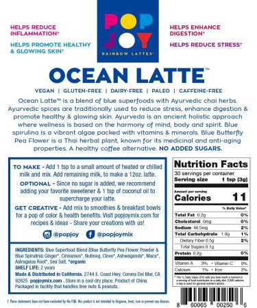 Blue SPIRULINA/Butterfly Pea - Ocean Latte Mix - POPJOY - W/AYURVEDIC Herbs - Buy Online on GoSupps.com
