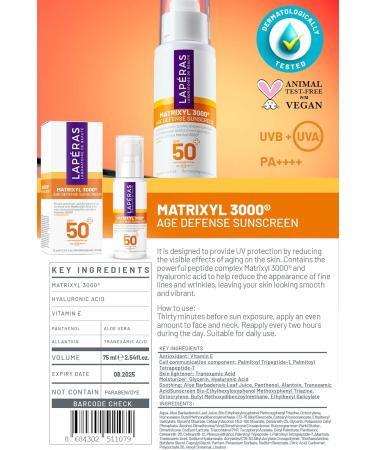 Lap ras Matrixyl 3000 Age Defense Sunscreen Spf 50+ Pa++++ UVA/UVB Quickly Absorbing Water and Sweat Resistant Sunscreen 75 ml - Buy Online on GoSupps.com