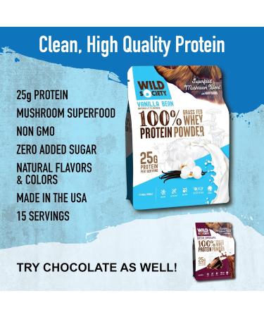 WILD SOCIETY Grass Fed Whey Protein Powder with Superfood Mushrooms - 25g Clean Protein No Added Sugar Non-GMO Gluten-Free Vanilla Bean - 17.5 oz - Buy Online on GoSupps.com