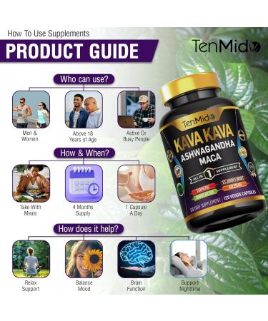 Tenmido Kava Kava Root Supplement - 8in1 Formula - Combine with Ashwagandha Maca Turmeric Ginkgo Biloba St. John's Wort Valerian & Black Pepper - 120 Vegan Capsules 4 Months Supply - Buy Online on GoSupps.com