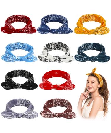 10 Pcs Bandana Headband Women Elastic Paisley Bow Hairbands Boho Bandana Knotted Headbands Colorful Printed Bowknot Head Wraps Vintage Hair Accessories for Women Girls