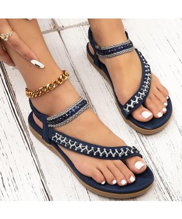 XTZYGLFD Women's Flat Sandals - Summer Boho-Street Shoes with Comfortable Open Toes & Elastic Ankle Straps | Roman & Plateau Style in Blue - Size 5 UK - Buy Online on GoSupps.com