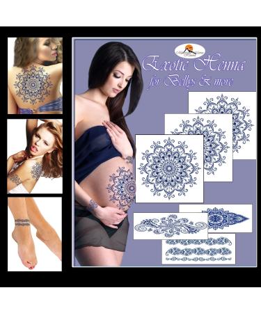 Temporary Tattoo for Women Sexy Pregnancy Waterproof Henna for Baby Bump Belly. Realistic Mehndi Classy Elegant Mandala Body Temporary Tattoos for Women's Stomach - Perfect for Gender Reveal Party Favors (Blue)