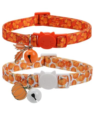 Fall Cat Collar with Bells, Autumn Dog Collar for Small Dogs, Orange Pumpkin Kitten Collar for Thanksgiving