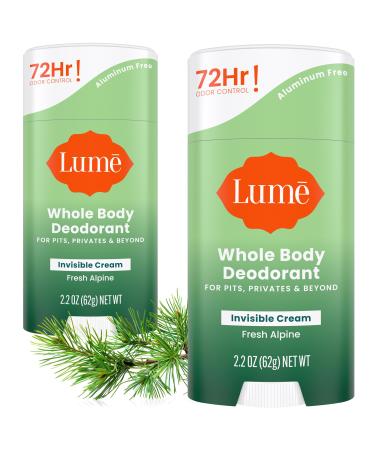Lume Whole Body Deodorant - Invisible Cream Stick - 72 Hour Odor Control - Aluminum Free Baking Soda Free Skin Safe - 2.2 Ounce (Pack of 2) (Fresh Alpine) Fresh Alpine 2.2 Ounce (Pack of 2)