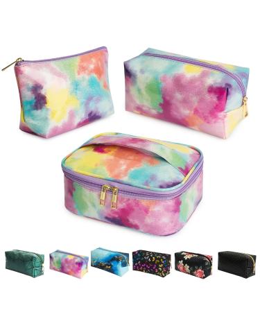 Noozion Makeup Bag 3Pcs Portable Travel Cosmetic Organizer Multifunction Waterproof Storage Bag Cute Toiletry Bags for Women and Girls (Colourful tie-dye, M) Colourful tie-dye M
