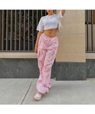 Gufesf Women's Parachute Pants - Drawstring Elastic Low Waist Sweatpants, Loose Baggy Y2K Cargo Trousers with Pockets (Ak-c-pink, X-Large) - Buy Online on GoSupps.com