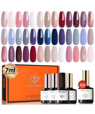 Modelones Gel Nail Polish Kit 20 Colors Nude Gel Polish Set White Glitter Pink Navy Blue Chameleon with Glitter Glossy&Matte Top Base Coat Nails Art Starter Manicure Home DIY Gifts Pink Blue