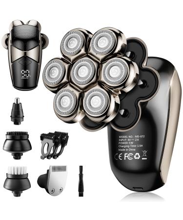 Detachable Head Shavers for Men, SHPAVVER 5-in-1 Electric Razor, IPX7 Waterproof Head Shaver for Bald Men, Wet/Dry LED Display Rechargeable 7D Rotary Shaver Grooming Kit with Type-C Charge (A)
