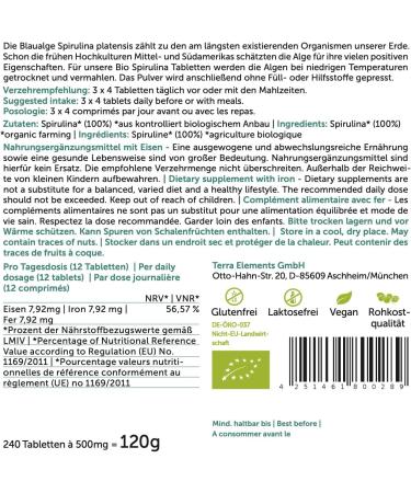Terra Elements Organic Spirulina Tablets 500mg - 240 pcs | Pure Vegan Microalgae Rich in Natural Iron | Raw Food Supplement - Buy Online on GoSupps.com