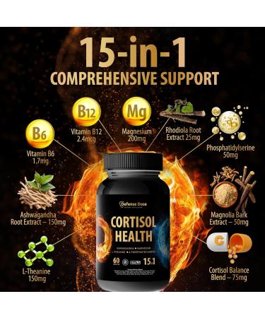 15 in 1 Cortisol Supplement for Women Men - Reduce Lower Control Cortisol - High Cortisol Reducer Blocker - Support Stress Mood Rest Adrenal Calm Relax w Ashwagandha L-Theanine Magnesium 60 Count (Pack of 1) - Buy Online on GoSupps.com