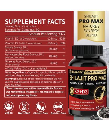 HIILEATHY Shilajit for Men Women Shilajit w/Vitamin D3 K2 Shilajits for Men w/Fulvic Acid Ashwagandha Ginseng Root Shilajits for Extra Power Stamina Immune Support Non-GMO Made in US 60 Capsules - Buy Online on GoSupps.com