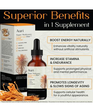 Auri Nutrition Super Mushroom Cordyceps Elixir for Stamina Natural Energy Youthfulness and Longevity with Full Spectrum Support - Cordyceps Tincture 60 ml 72 Count (Pack of 1) - Buy Online on GoSupps.com