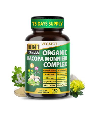 VEGATOT Premium Organic Bacopa Monnieri Complex 10-in-1 Formula with Magnesium, Vitamin B6, L-Theanine, Alpha-GPC & Ashwagandha Supports Memory, Focus & Clarity 150 Capsules 150 count (pack of 1)