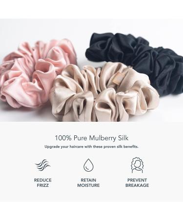 Fishers Finery 25 Momme Silk Large Scrunchies 3 Pack (Black/Pink/Champagne) - 100% Pure Mulberry Silk Hair Ties - Buy Online on GoSupps.com