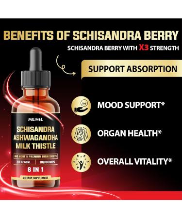 MILIVOL 8in1 Schisandra Berry Drops with Milk Thistle, Ashwagandha, Rhodiola Rosea, Holy Basil, Artichoke, Dandelion Root & Turmeric Curcumin - 2 Fl Oz for 2 Month Supply - Buy Online on GoSupps.com