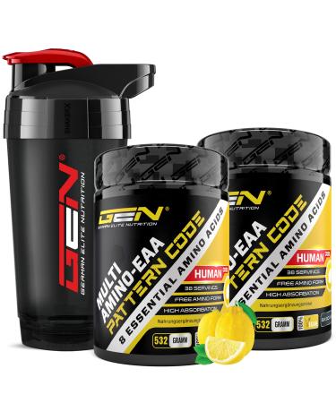 2x EAA powder Candy Lemon + Premium Shaker - Human Code Formula - All 8 essential amino acids - Amino workout drink - Delicious taste - vegan (2x - 532 g) Shaker + 2x Candy Lemon 532 g (2 Pack) + shaker