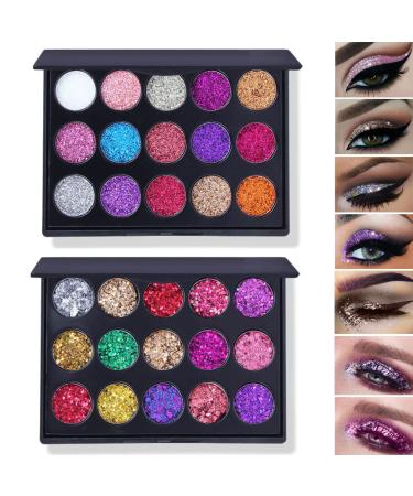 30 Colors Glitter Pressed Eyeshadow Palette Mineral Ultra Shimmer Colorful Sparkle Eyeshadow Makeup Palette Pigmented Long Lasting Waterproof Eye Shadow Powder Makup Pallet Set for Women(2 Pcs)