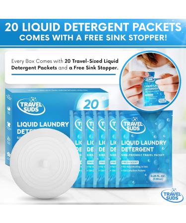 TravelSuds Laundry Detergent Sink Packets - 20 Pack | Ideal for Hand Washing | Free Sink Stopper Included | Perfect for Travel - Buy Online on GoSupps.com