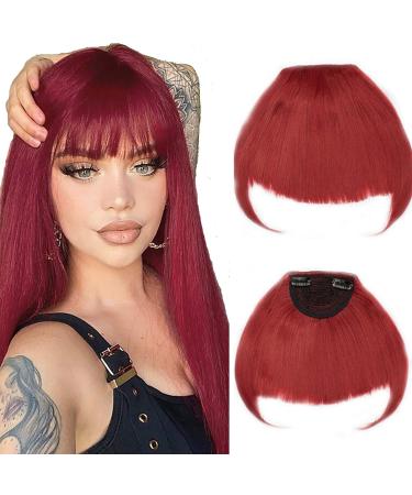 Clip in Bangs Fringe Hair Extensions Full Neat Front Bangs Extension Hair 2 Clips on Bangs Hairpieces Accessories for Women Dark Red