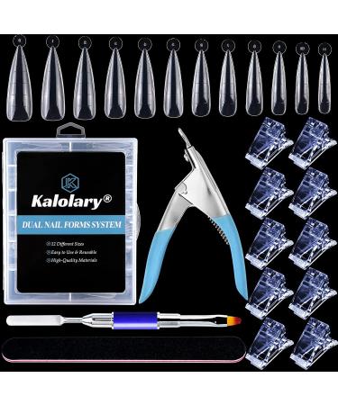 Kalolary Dual Nail Forms Set 120PC Stiletto wrong nails tips with 10pcs blue nail clips nail clips nail file and dual-ended poly UV gel nail brush for nail art extension