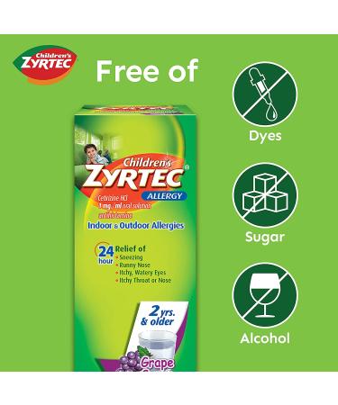 Zyrtec Children's Allergy Syrup - 24 Hour Relief - Cetirizine HCl Antihistamine - Grape Flavor - 8 fl. oz - Dye-Free & Sugar-Free - Buy Online on GoSupps.com