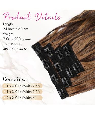 Reecho Clip-In Hair Extensions - 60cm Thick Long Beach Waves Dark Chocolate Brown with Golden Highlights - 4PC Set for Effortless Style - Buy Online on GoSupps.com
