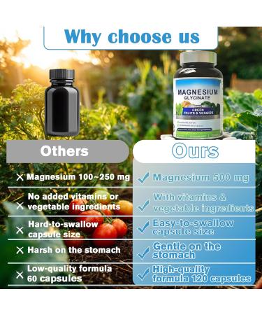 Magnesium Glycinate 500mg with Vitamin D3 High Absorption Magnesium Supplement with Veggies Design Supports Bone & Muscle Function and Energy Non-GMO Gluten-Free 120 Veg Capsules - Buy Online on GoSupps.com