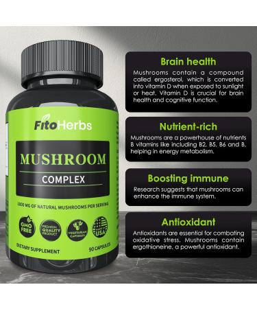 FitoHerbs Mushroom Complex - Shiitake, Lions Mane, Cordyceps, Turkey Tail, Maitake, Reishi, Agaricus Mushrooms Supplement Capsules - Cognitive Improvement - Immune Support - Energy Booster - 90 Caps - Buy Online on GoSupps.com