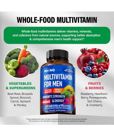 Multivitamin for Men - B-Complex | Whole Foods & Enzymes - Energy Focus & Brain | Men's Health Complex - 46in1 Mens Multivitamin - Bioavailable & Gentle on Stomach - Made in USA - 90 Capsules 1/Day - Buy Online on GoSupps.com