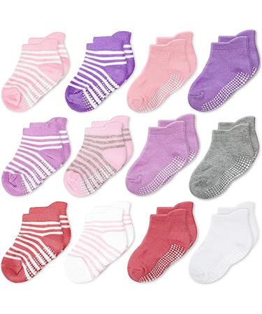 CozyWay Baby Non-Slip Baby Socks Toddler Socks With Grippers Ankle Style 1-3 Years Girls Striped&Solid 12 Pairs