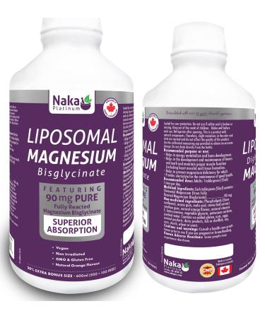 Naka Platinum LIPOSOMAL MAGNESIUM Bisglycinate Superior Absorption featuring 90 mg PURE Fully Reacted Magnesium Bisglycinate per 1 tablespoon 15 ml serving 40 day supply - BONUS SIZE 600 ml (500 ml + 100 FREE)