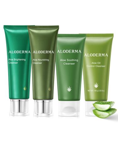 Aloderma Aloe Cleanser Set, 4 Pieces - Nourishing, Soothing, Brightening, Oil Control Cleansers