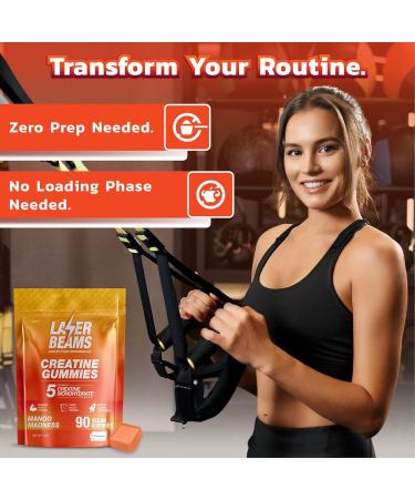 Laser Beams Creatine Monohydrate Gummies for Women & Men - 5g Creapure Creatine per Serving - Vegan, Mango Flavor - Boost Muscle Strength, Endurance, Recovery & Mental Focus (90 Gummies) - Buy Online on GoSupps.com