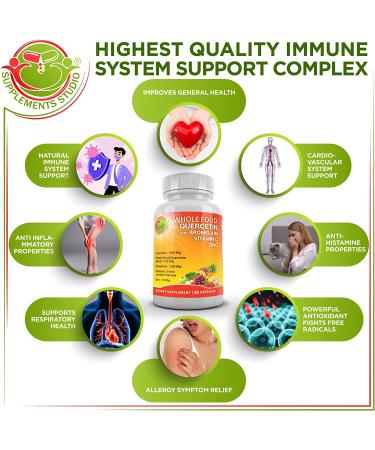Quercetin 500mg with Bromelain, Zinc, Vitamin C - Immune Support Supplement with Organic Wholefoods Blend - 3 Month Supply 180ct - Buy Online on GoSupps.com