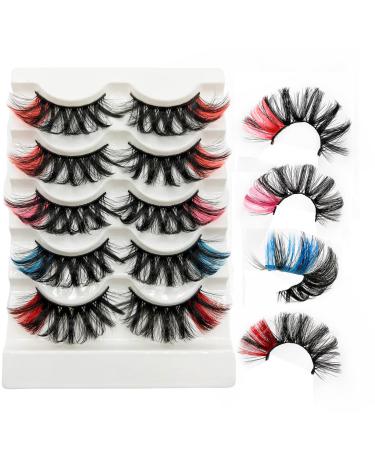 Mixed Colored Lashes Pink Blue Red Eyelashes Long 25MM Lashes Pack Dramatic Fluffy 3D Mink Lashes With Color On End 06 Mixed Colored Lashes / 25MM
