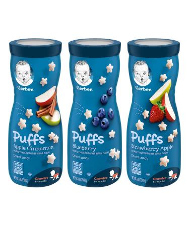 Gerber Puffs Cereal Snack Variety Pack - 1 Apple Cinnamon, 1 Blueberry, 1 Strawberry Apple - 1.48 OZ Each (Pack of 3)