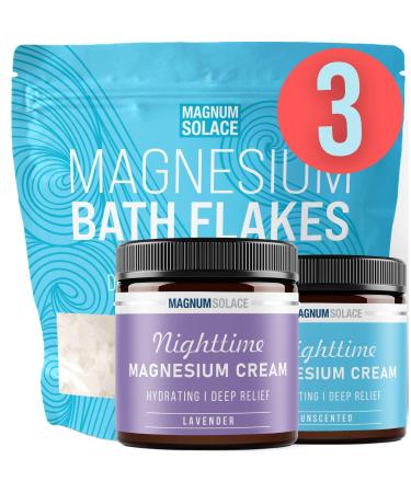 2 x Nighttime Magnesium Cream (Lavender Unscented) & Large 10 LBS Bath Flakes: 3 Item Bundle