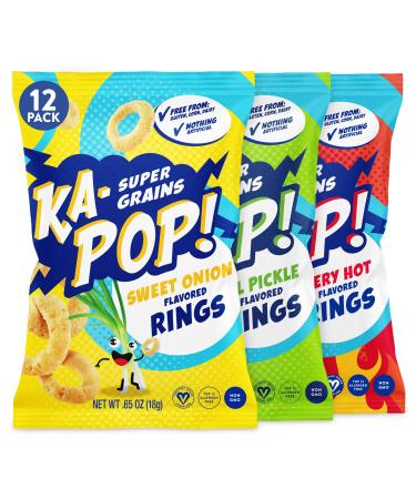 Ka-Pop! Popped Rings Variety Pack, 12 Pack - 4 Sweet Onion, 4 Dill Pickle, 4 Fiery Hot (0.65oz) - Gluten, Corn & Dairy Free - Kosher, Sorghum, Whole Grain, Vegan Snacks - As Seen on Shark Tank Variety Pack 0.65 Ounce (Pack…