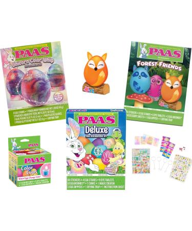 PAAS Easter Egg Decorating Coloring Kits and Cups Bundle - 4 Total - Unicorn Color Whip Deluxe Forest Friends and Coloring Cups