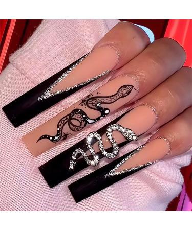 24 Pcs Long Coffin Fake Nails Black French Tip Press on Nails Silver Snake Rhinestone Glue on Nails Exquisite Design Acrylic False Nails Full Cover Stick on Static Nails for Women Manicure Decoration long coffin black fr...